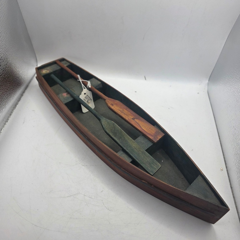 Vintage Handmade Wooden Fishing Row Boat Model 2 Oars Folk Art Nautical Decor